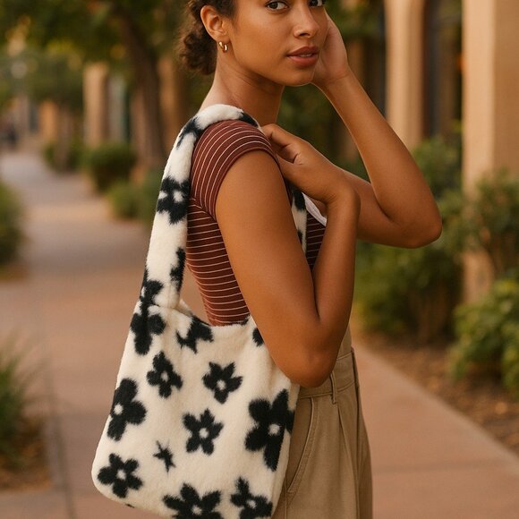 HANDMADE Soft White Faux Fur Fuzzy Shoulder Bag Purse Floral Monogram Black - Picture 1 of 9